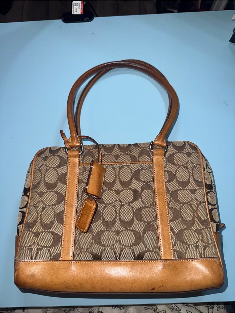 Coach Brown Signature Canvas Shoulder Bag with Tan Leather Trim